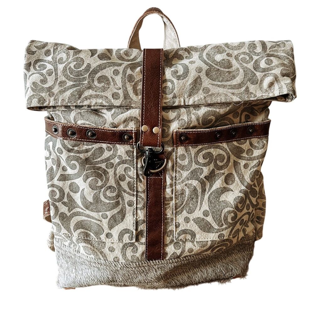 Myra Bag Backpack Upcycled Canvas Leather Hair on Hide Large Excellent Condition
